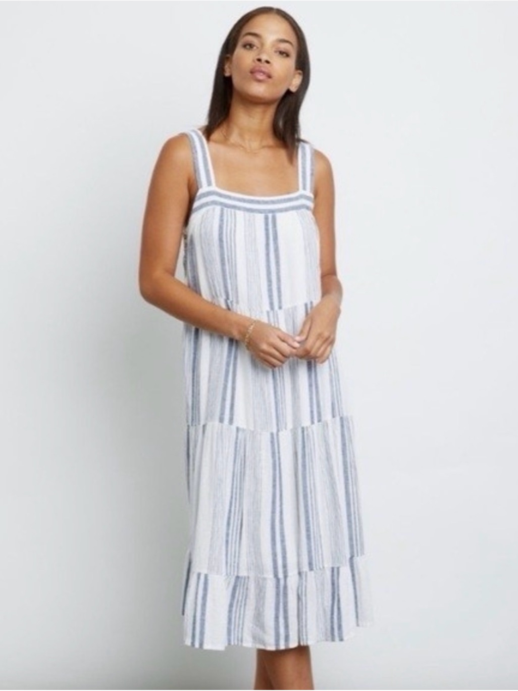 Rails Striped Square-Neck Midi Dress In White And Blue